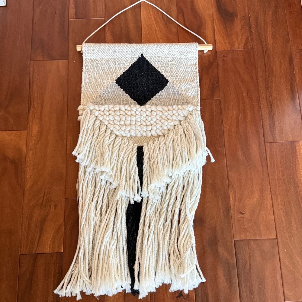 Woven Macrame white Black grey Boho Contemporary Diamond Geometric Wall Hanging